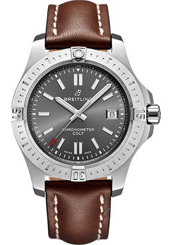 Breitling Colt 41 Automatic Watch - Steel - Tempest Gray Dial - Brown Leather Strap - Folding Buckle