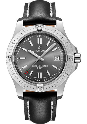 Breitling Colt 41 Automatic Watch - Steel - Tempest Gray Dial - Black Leather Strap - Folding Buckle