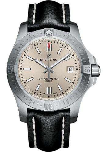 Breitling Chronomat Colt Automatic 41 Watch - Steel Case - Silver Dial - Black Leather Strap
