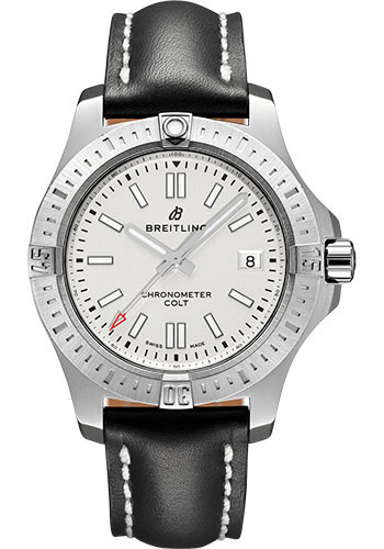 Breitling Colt 41 Automatic Watch - Steel - Silver Dial - Black Leather Strap - Folding Buckle