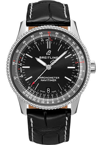 Breitling Navitimer Automatic 38 Watch - Steel - Black Dial - Black Croco Strap - Folding Buckle