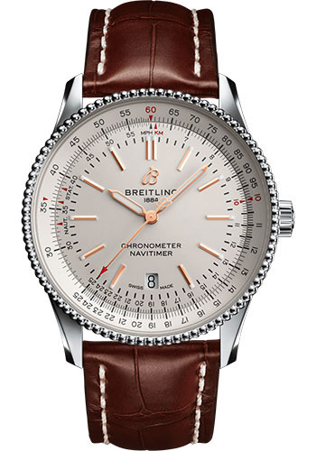 Breitling Navitimer Automatic 41 Watch - Steel - Silver Dial - Brown Croco Strap - Folding Buckle