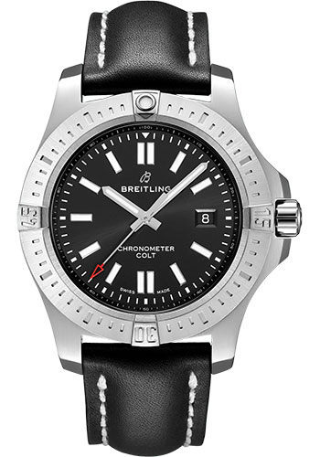 Breitling Colt Automatic Watch - Stainless Steel - Black Dial - Black Calfskin Leather Strap - Folding Buckle