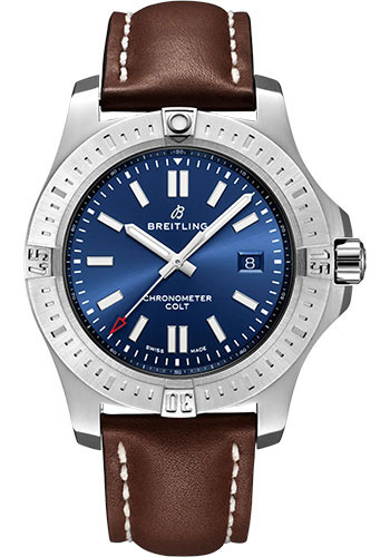 Breitling Colt Automatic Watch - Stainless Steel - Blue Dial - Brown Calfskin Leather Strap - Folding Buckle