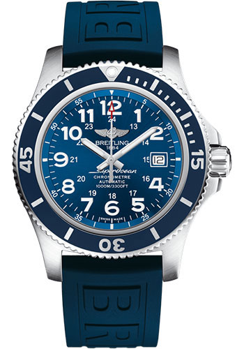Breitling Superocean II 44 Watch - Steel - Gun Blue Dial - Blue Rubber Strap - Folding Buckle