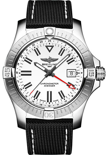 Breitling Avenger Automatic GMT 43 Watch - Stainless Steel - White Dial - Anthracite Calfskin Leather Strap - Tang Buckle