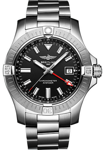 Breitling Avenger Automatic GMT 43 Watch - Stainless Steel - Black Dial - Metal Bracelet