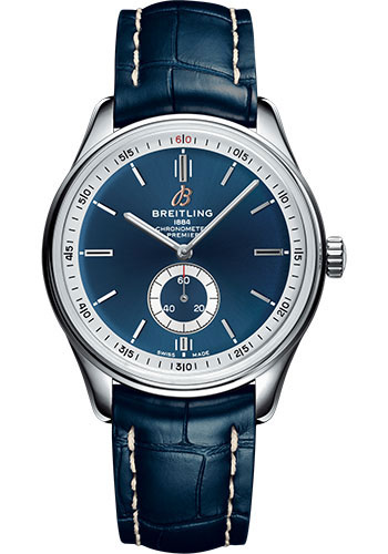 Breitling Premier Automatic Watch - 40mm Steel Case - Blue Dial - Blue Croco Strap