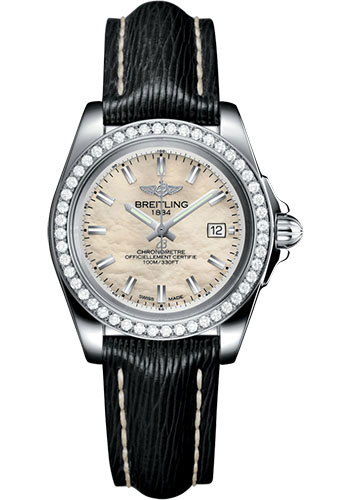 Breitling Galactic 32 Sleek Watch - Steel - Mother-Of-Pearl Dial - Black Sahara Strap - Tang Buckle