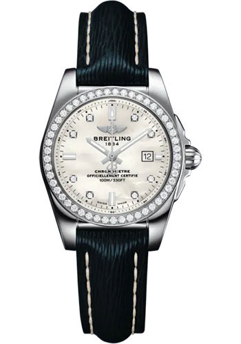 Breitling Galactic 29 Sleek Watch - Stainless Steel - Mother-Of-Pearl Dial - Blue Calfskin Leather Strap - Tang Buckle