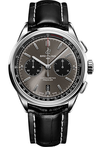 Breitling Premier B01 Chronograph 42 Watch - Steel - Blackeye Gray Dial - Black Alligator Strap - Tang Buckle