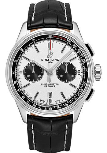 Breitling Premier B01 Chronograph Watch - 42mm Steel Case - Silver Dial - Black Croco Strap