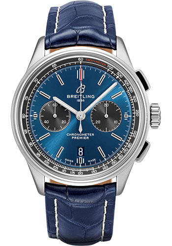Breitling Premier B01 Chronograph Watch - 42mm Steel Case - Blue Dial - Blue Croco Strap