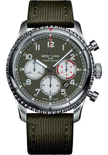 Breitling Aviator 8 B01 Chronograph 43 Curtiss Warhawk Watch - Steel - Green Dial - Khaki Green Military Strap - Folding Buckle