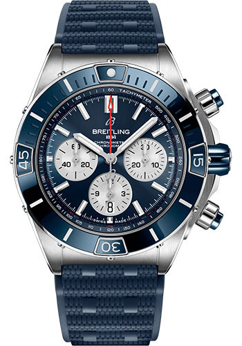 Breitling Super Chronomat B01 44 Watch - Stainless Steel - Blue Dial - Blue Rubber Strap - Folding Buckle