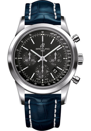 Breitling Transocean Chronograph Watch - Steel - Black Dial - Blue Croco Strap - Folding Buckle