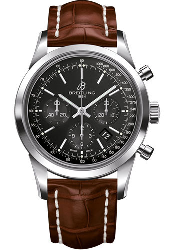 Breitling Transocean Chronograph Watch - Steel - Black Dial - Gold Croco Strap - Folding Buckle