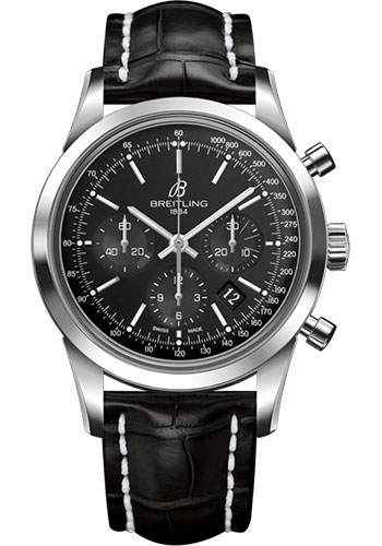 Breitling Transocean Chronograph Watch - Steel - Black Dial - Black Croco Strap - Folding Buckle