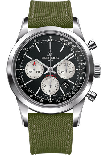 Breitling Transocean Chronograph Watch - Steel - Black Dial - Khaki Green Military Strap - Tang Buckle