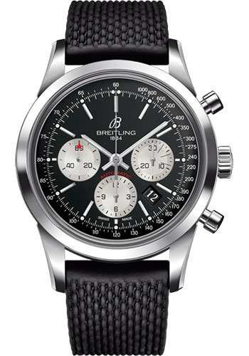 Breitling Transocean Chronograph Watch - Steel - Black Dial - Black Rubber Aero Classic Strap - Tang Buckle