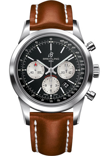 Breitling Transocean Chronograph Watch - Steel - Black Dial - Gold Leather Strap - Tang Buckle