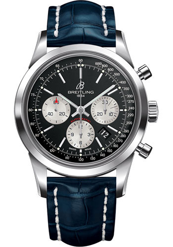 Breitling Transocean Chronograph Watch - Steel - Black Dial - Blue Croco Strap - Folding Buckle