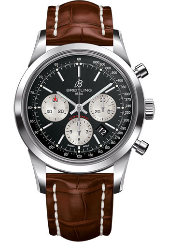 Breitling Transocean Chronograph Watch - Steel - Black Dial - Gold Croco Strap - Folding Buckle