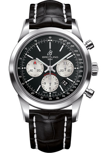 Breitling Transocean Chronograph Watch - Steel - Black Dial - Black Croco Strap - Folding Buckle