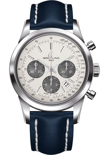 Breitling Transocean Chronograph Watch - Steel - Mercury Silver Dial - Blue Leather Strap - Folding Buckle