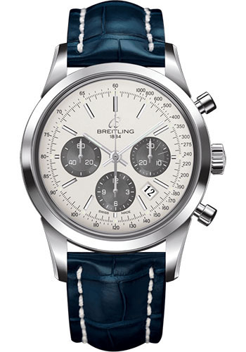 Breitling Transocean Chronograph Watch - Steel - Mercury Silver Dial - Blue Croco Strap - Folding Buckle