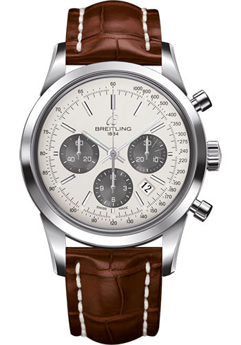 Breitling Transocean Chronograph Watch - Steel - Mercury Silver Dial - Gold Croco Strap - Folding Buckle