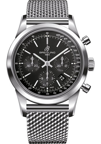 Breitling Transocean Chronograph Watch - Steel - Black Dial - Steel Bracelet