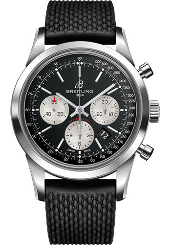 Breitling Transocean Chronograph Watch - Steel - Black Dial - Black Rubber Aero Classic Strap - Folding Buckle