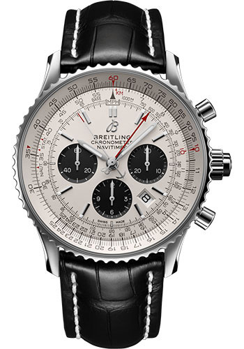 Breitling Navitimer B03 Chronograph Rattrapante 45 Watch - Steel - Silver Dial - Black Alligator Strap - Tang Buckle