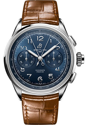 Breitling Premier B15 Duograph 42 Watch - Stainless Steel - Blue Dial - Gold Brown Alligator Leather Strap - Folding Buckle