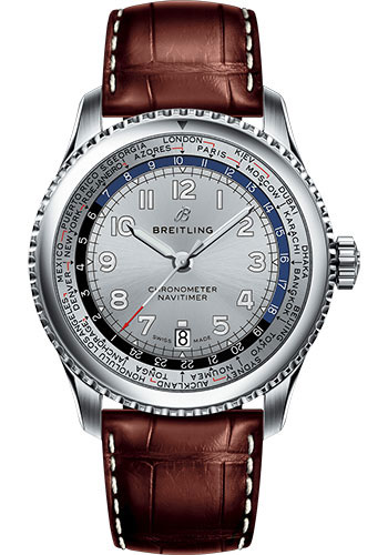 Breitling Aviator 8 B35 Automatic Unitime 43 Watch - Steel Case - Mercury Silver Dial - Brown Croco Strap