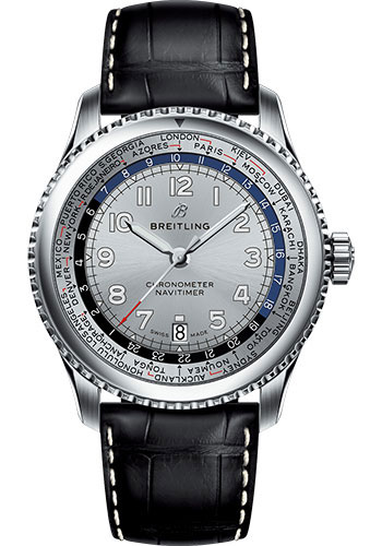 Breitling Aviator 8 B35 Automatic Unitime 43 Watch - Steel Case - Mercury Silver Dial - Black Croco Strap