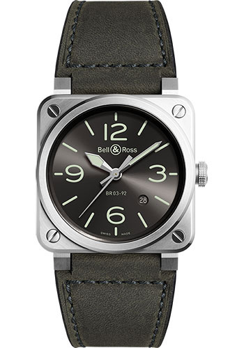 Bell & Ross BR 03-92 Grey LUM. 42 mm satin-polished steel case, sapphire crystal crystal with anti-reflective coating, anthracite grey sunray dial with numerals and indices coated in green super-luminova, calibre BR-CAL.302 automatic movement with hours, minutes, seconds and date, grey-green calfskin and ultra-resilient black synthetic fabric strap, pin buckle
