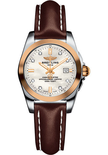 Breitling Galactic 29 Sleek Watch - Steel & rose Gold - Pearl Diamond Dial - Brown Leather Strap - Tang Buckle