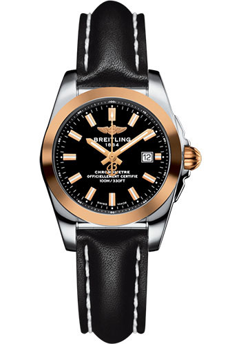 Breitling Galactic 29 Sleek Watch - Steel & rose Gold - Trophy Black Dial - Black Leather Strap - Tang Buckle