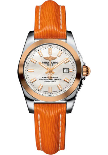 Breitling Galactic 29 Sleek Watch - Stainless Steel - Mother-Of-Pearl Dial - Orange Calfskin Leather Strap - Tang Buckle