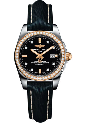Breitling Galactic 29 Sleek Watch - Stainless Steel - Black Dial - Blue Calfskin Leather Strap - Tang Buckle