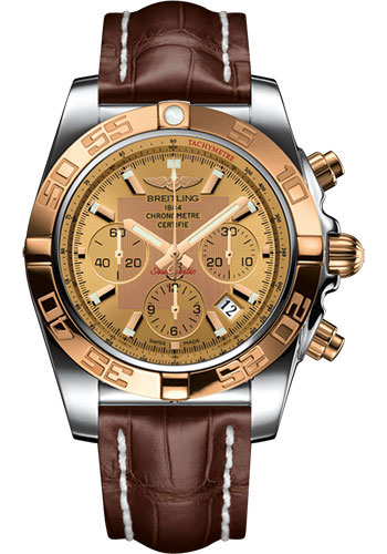 Breitling Chronomat 44 Watch - Steel & Gold - Golden Sun Dial - Brown Croco Strap - Tang Buckle