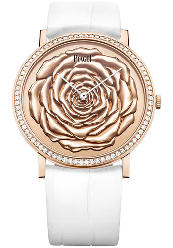 Piaget Altiplano Rose Watch - Rose Gold Diamond Case - Engraved Gold Dial - White Strap Limited Series