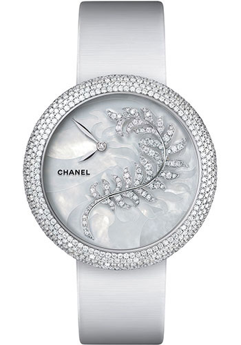 Chanel Mademoiselle Privé Quartz Watch - White Gold Diamond Case - Mother Of Pearl Marquetry And Feather Motif Diamond Dial - White Satin Strap