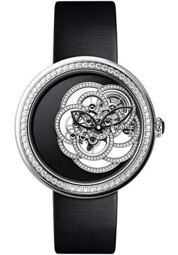 Chanel Mademoiselle Privé Camélia Skeleton Manual-Wind Watch - White Gold Case - Diamond Bezel - Black Satin Strap