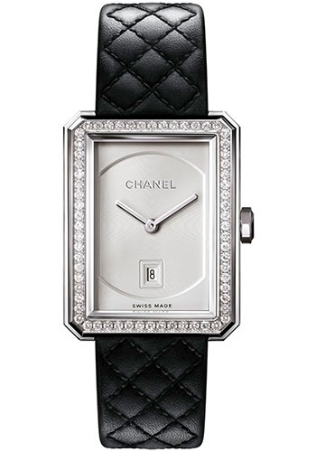 Chanel BOY·FRIEND Quartz Watch - Medium White Gold Case - Diamond Bezel - Opaline Dial - Black Strap