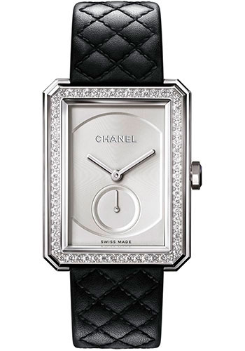 Chanel BOY·FRIEND Manual-Wind Watch - Large White Gold Case - Diamond Bezel - Opaline Dial - Black Strap