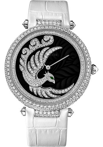 Cartier Evol D'un Phoenix Watch - 42.75 mm White Gold Diamond Case - Dark Purple Mother-of-Pearl Diamond Dial - White Alligator Strap