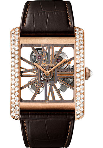 Cartier Tank MC Skeleton Watch - 34.5 mm Pink Gold Diamond Case - Diamond Bezel - Pink Gold Dial - Brown Alligator Strap